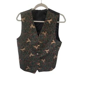 Vintage Christmas Reindeer Tapestry Vest Green Red Gold Holiday Waistcoat Small
